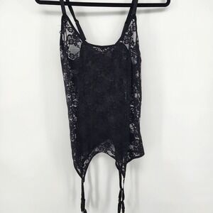 Rene Rofe Sexy Womens Plus Size 3X 4X Black Floral Lace Garter Tank Top Lingerie